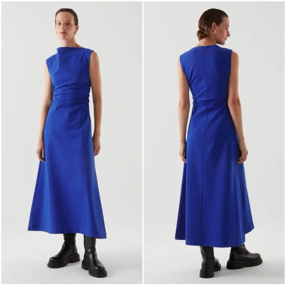 New Cos Gathered Midi Maxi Dress Blue Sleeveless Jersey Elastane Ruched Large - Picture 2 of 9